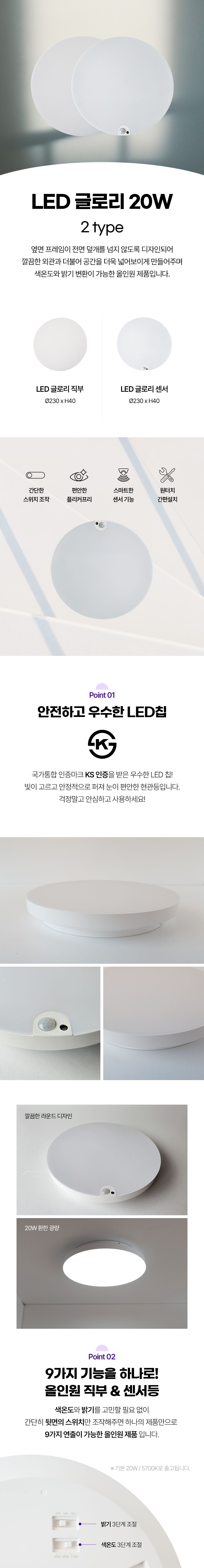 LED 글로리 직부 / 센서 20W 